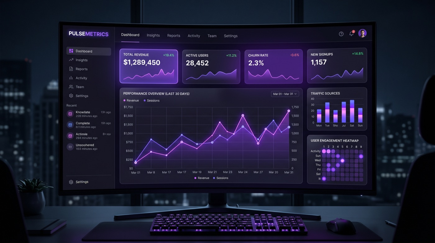 PulseMetrics analytics dashboard mockup generated by NovaMotion