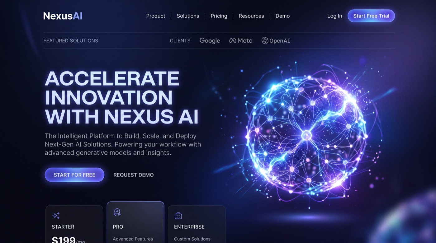 NexusAI indigo AI SaaS landing page mockup