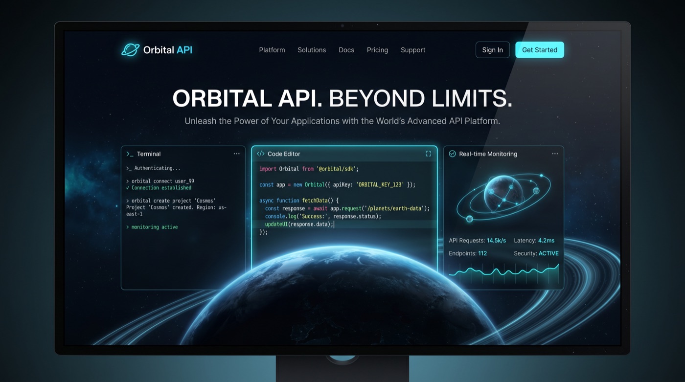 Orbital API developer platform landing page mockup