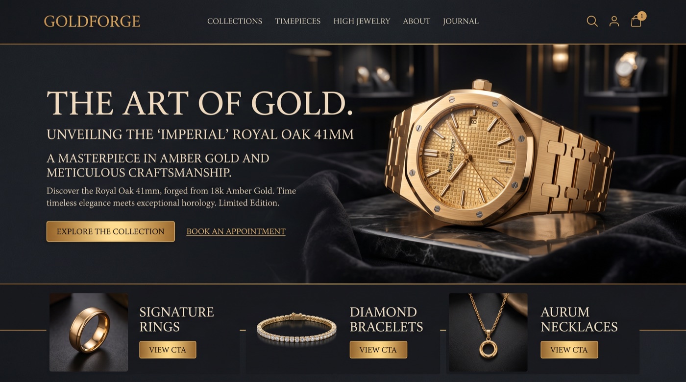GoldForge luxury product e-commerce website mockup